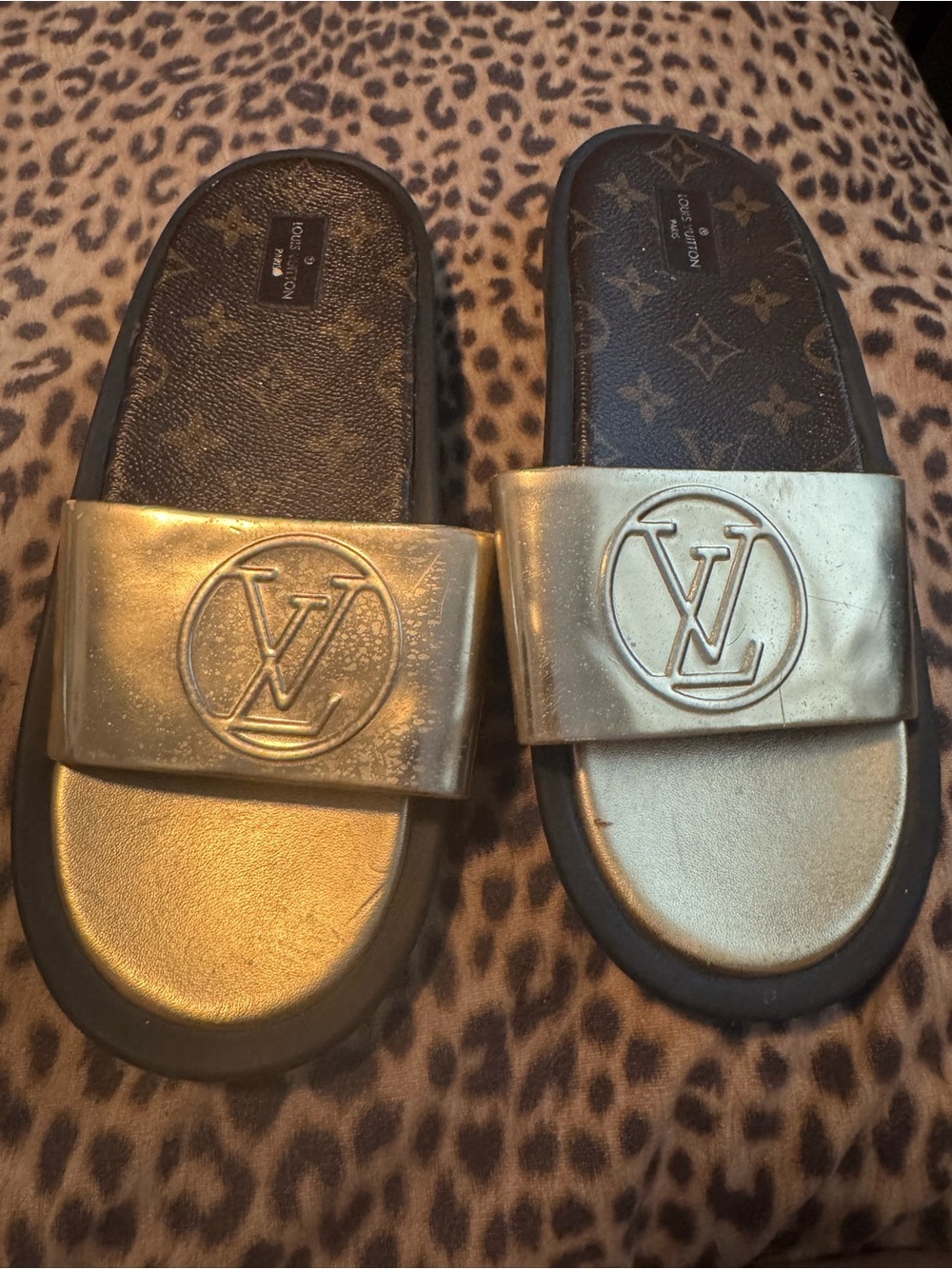 Louis Vuitton Metallic Gold Monogram Slide Sandals